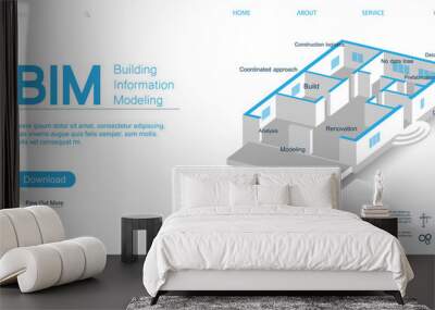 BIM banner - building information modeling. Website page with a 3d projection of an isometric house. BIM icons and information. The concept of business. Vector illustration BIM concept. Modeling  Wall mural