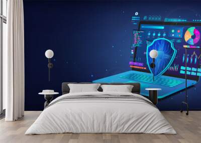 Blue laptop with personal data on displays and 3D shield. Cyber Security concept. 3D laptop and under the protection. Cybersecurity, antivirus, encryption, data protection. Safety internet technology Wall mural