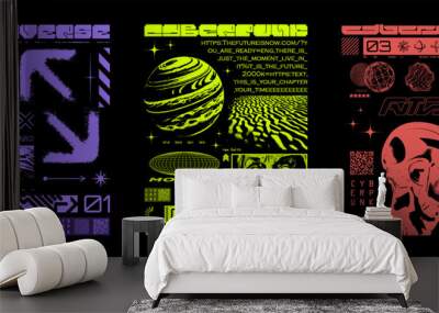 Brutalism acid print sets in retrofuturistic style, digital typeface, geometric shapes. Retro Y2K posters, Sci-fi graphic design for t-shirt, merch, streetwear. Translation from Japanese - cyberpunk Wall mural