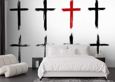 Christian cross of Jesus Christ, hand drawn, Cross symbol of crucifixion and faith. Brush stroke texture. Grunge christian cross. Vector set Wall mural