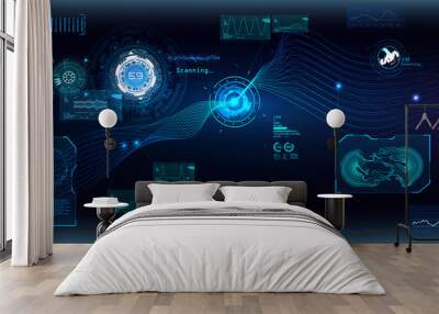 Data flow analysis. Big data algorithms visualization, technologies infographic analytic in HUD style. Futuristic interface. Statistics big data, analytical indicator and biology formuls. Vector Hud Wall mural