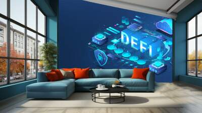 DeFi isometric banner. Decentralized Finance, cryptocurrency and blockchain Identified technology. Permission, Bitcoin, Altcoin, cryptocurrency mining, digital asset, wallet. Defi 3D banner. Vector Wall mural