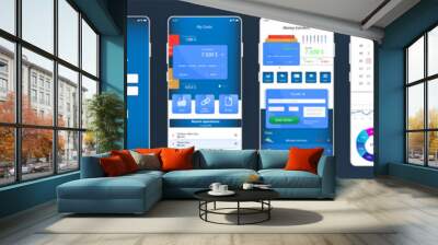 Design mobile app UI, UX, KIT. Banking mobile application on five touch screens with smartphone mockup. Web User interface (Payment menu, bank card management, transactions, graphics and other) Vector Wall mural