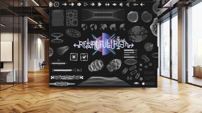 Digital 3D trendy universal shapes with glitch, defect, liquid effect and HUD interface. Retro futuristic shapes, tech cyberpunk user interface elements for UI, UX, GUI. Cyberpunk 3D HUD vector set	 Wall mural