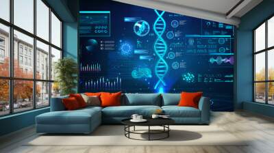 DNA formula research and full analysis with the obtained data in a futuristic laboratory with a HUD interface and a hologram. Hi-tech healthcare diagnostic. HUD, UI, GUI interface and DNA scan. Vector Wall mural