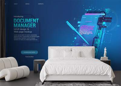 Document manager - Mobile Phone App for business. Signing a contract or agreement online. Digital signature concept using a pen on a phone or tablet display. E-signature and high level of protection Wall mural