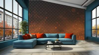 Fire sparks background on a transparent background. Burning hot sparks, embers burning cinder and smoke flying in the air. Realistic heat effect with glow and sparks from bonfire. Flying up embers Wall mural