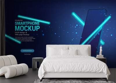 Futuristic blue Mobile Phone Mockup with Neon Lines. Concept future. Realistic 3D smartphone with blank screen. Presentation Cell Phone for App demonstration. Smartphone 3D. Vector mockup device Wall mural