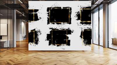 Grunge brushstroke and splatter with gold frame. Dirty artistic design element, box, ink background for text. Black splashes isolated on white background. Vector illustration brush strokes backgrounds Wall mural