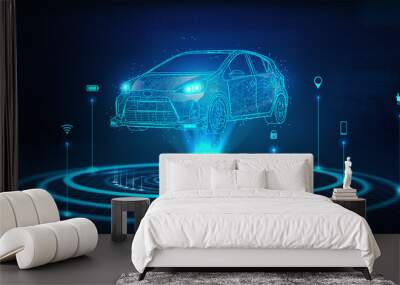 Hologram auto, futuristic polygonal model auto. Smart auto ai.  Wireframe in line low-poly style. Smart automobile. Vector illustration in futuristic style Wall mural