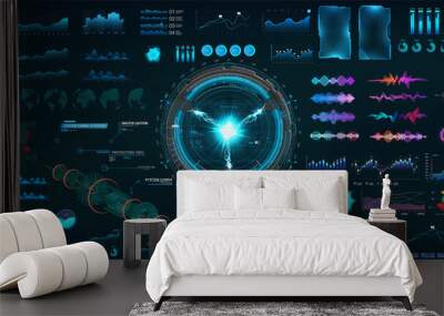 HUD elements interface boxes for UI, UX and GUI design. Sky-fi collection shapes and hi-tech elements - charts, infographics, circle tech elements HUD, audio wave, 3D elements and other. Vector Wall mural