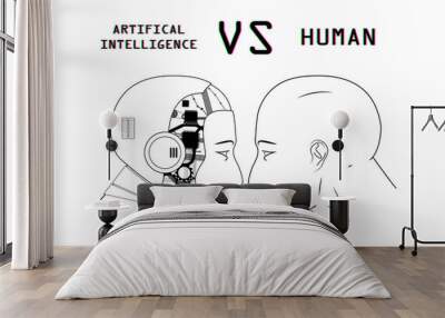 Humans vs Robots. AI artificial intelligence versus human intelligence. Face to face, duel of views. Vector illustration cartoon, clip art, sketch  Wall mural