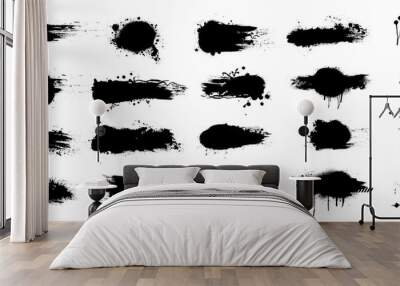 Ink splashes. Black inked splatter dirt stain splattered spray splash with drops blots isolated vector grunge silhouette set Wall mural