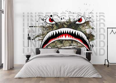 Military print, Flying Tiger Shark with underground text for t-shirt and merch design. Art for Silkscreen clothing. Tiger Shark mouth against the background of a cage and a piece of camouflage. Vector Wall mural