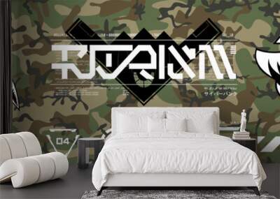 Military prints for clothes, T-shirts and other merchs. Futuristic lettering and design elements on a seamless camouflage background. Modern clothes for the city. Trendy Digital Prints set. Vector Wall mural