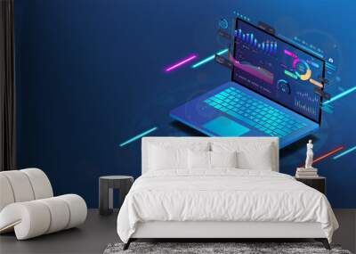 Modern 3D laptop with financial analytics and business infographics and business dashboard elements on the screen. Investments, trade, data analytic and infographics. Business online concept. Vector Wall mural