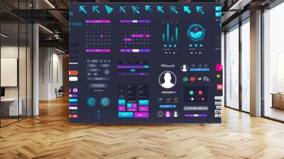 Modern set elements interface for Web and App. UI, UX, Kit design elements. Universal user interface set with neon colors. Constructor Web, UI design (buttons, search bars, panels and other) Vector Wall mural