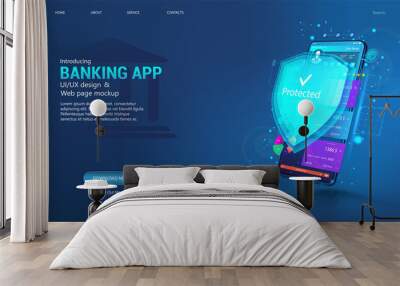 Online banking App and Data protection and money protection. Web payment with credit debit card NFC technology and High level payment security. Smartphone with UI banking App. Vector Web banner Wall mural