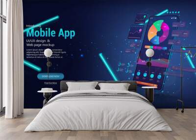 Perspective smartphone with UI, UX interface. Mobile app coding and customization concept. 3D smartphone in perspective position with user interface design. Mobile phone and App, coding, usability UI Wall mural