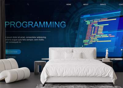 Programming or Software development web page template. Vector illustration with laptop isometric view and program code on screen. Programming concept. Technology process of Software development Wall mural