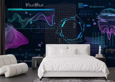 Quantum Mechanics elements with famous formulas. Sci-fi universal elements with HUD. Big data algorithms, deep learning artificial intelligence. Algorithms and Quantum Mechanics concept. Vector set
 Wall mural