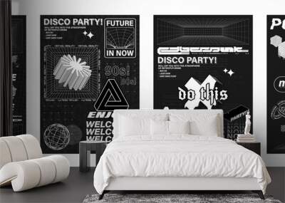 Retro futuristic posters set in concept cyberpunk with figure, abstract shapes, 3D trendy forms. Acid digital graphic design in monochrome style, minimalist posters, flyers, streetwear. Vector set	
 Wall mural