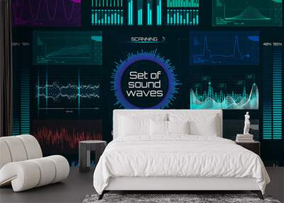 Set of sound waves, futuristic style. Audio Player.  Music colorful elements for your design. Audio equalizer technology, pulse musical in HUD UI style. Vector illustration. Set elements. Wall mural