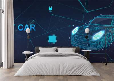 Smart Car, Hologram auto with polygonal elements and and icons with machine vehicle. Wireframe in line low-poly style. AI automobile. Electric machine. Autonomous car vehicle with infographic. Vector Wall mural