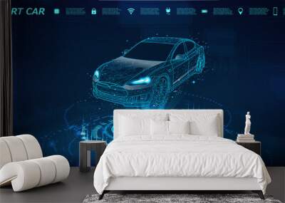 Smart car isometric banner with icons and text. Abstract project of a smart or intelligent car in the form of a starry sky or space. X-ray hologram in HUD style. 3D Electric machine. IOT auto. Vector Wall mural