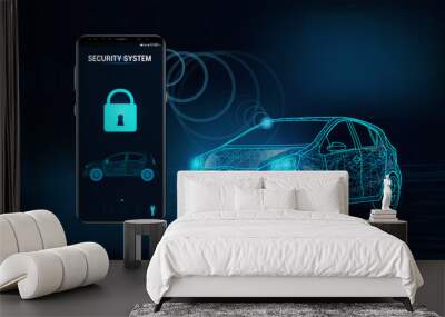 Smart car security system icon in futuristic style. The smartphone controls the car security on the wireless and shows the owner a level of protection of the car. Auto alarm concept. Vector Wall mural