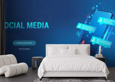 Social network and Social media illustration concept. Chatting and communication on modern app. Mobile phone mockup with likes, message bubbles and icons. UI app social media. Vector blue web banner
 Wall mural