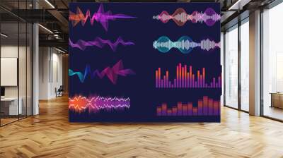 Sound waves equalizer collection in futuristic colors. Frequency audio waveform, music wave, circle bar, voice graph signal in HUD style. Set Audio waves.  Microphone voice and sound recognition. Wall mural