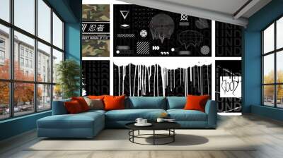 Street collection illustration. Black and white crime shapes and elements for merch, print t shirt, poster, banner and flyers. Monochrome aggressive set hip hop elements in brutalism style. Vector  Wall mural