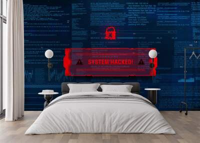 System hacking with info message. Background with a code on a blue background and a virus warning. Concept Malware penetration, virus, data leakage threat, system hacking, scam, ddos Vector background Wall mural