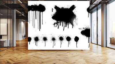 Template Spray Graffiti by hand drawn. Stencil mockup black grunge dots, clouds and dripping paint. Grunge graphic texture mockup. Vector spray paint with smudges and drops. Vector collection Wall mural