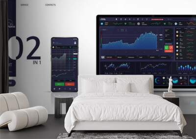 Trading platform dashboard, Forex market, stock platform, binary option. universal application for smartphone and laptop. UI, UX, KIT mockup. Candles and indicators. Cryptocurrency and finance. Vector Wall mural