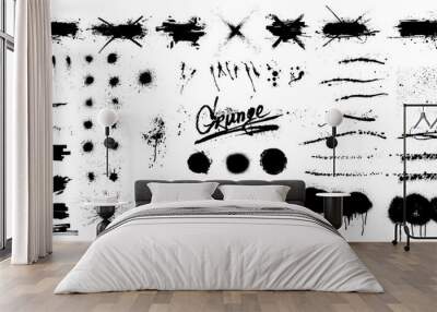 Very Nice collection of black paint, great elaboration, spray graffiti stencil template ink brush strokes, brushes, lines. Vector paint splatter blotches Round grunge design elements. Isolated set Wall mural