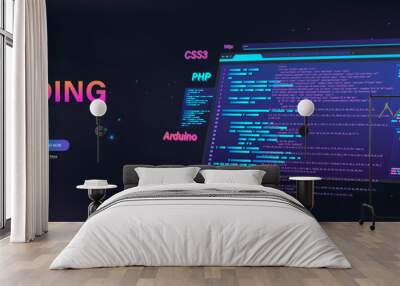 Web page banner, software development, application, platforms in different programming languages, site or page layout. Platform optimization, software development. 3D vector banner, program app coding Wall mural