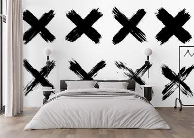 X black mark set. 8 highly detailed and different crosses. Hand drawn crossed brush strokes. Cross sign graphic symbol. High quality manually traced. Vector X mark set Wall mural