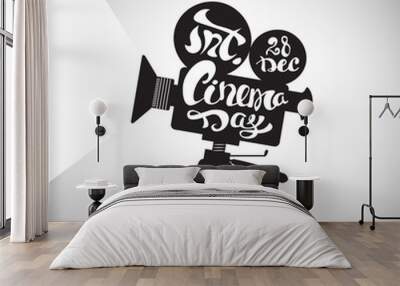 vector illustration silhouette cinema camera standing on two legs with text Wall mural