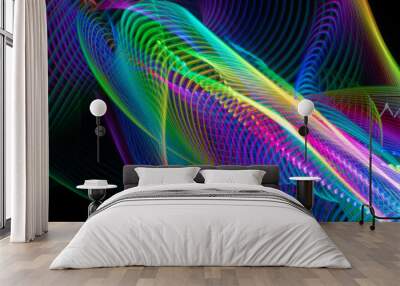 light painting photography, waves of vibrant color against a black background. Long exposure photo of vibrant fairy lights in abstract Wall mural