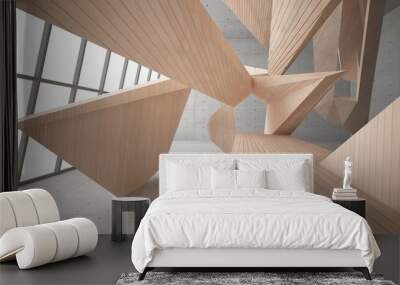 Abstract  concrete and wood interior multilevel public space with window. 3D illustration and rendering. Wall mural