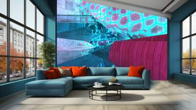 Abstract  Concrete Futuristic Sci-Fi interior With Pink And Blue Glowing Neon Tubes . 3D illustration and rendering. Wall mural