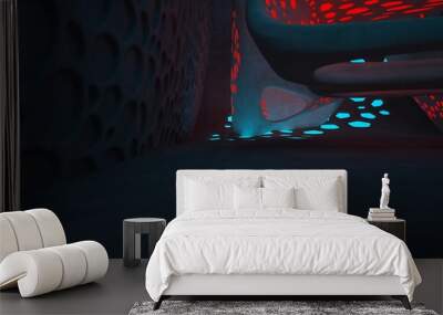 Abstract  Concrete Futuristic Sci-Fi interior With Red And Blue Glowing Neon Tubes . 3D illustration and rendering. Wall mural