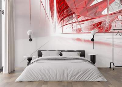 Abstract dynamic interior with red glass smooth  objects. 3D illustration and rendering Wall mural