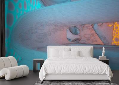 Abstract  white Drawing Futuristic Sci-Fi interior With Orange And Blue Glowing Neon Tubes . 3D illustration and rendering. Wall mural