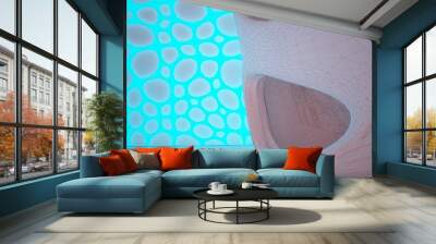 Abstract  white Drawing Futuristic Sci-Fi interior With Orange And Blue Glowing Neon Tubes . 3D illustration and rendering. Wall mural