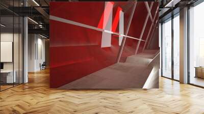 Empty dark abstract concrete room interior with red glass. Architectural background. Night view of the illuminated. 3D illustration and rendering Wall mural