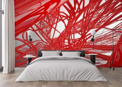 White and smooth red lines abstract architectural background with water. 3D illustration and rendering Wall mural