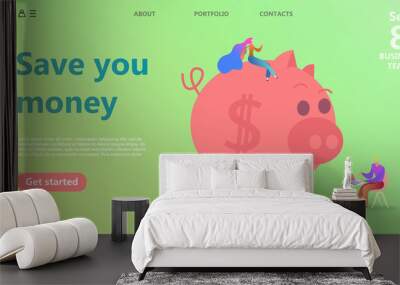 business landing page template. Team work landing page template. Concept business success, big pig piggy bank with money. People save money and guard the bank pig Wall mural